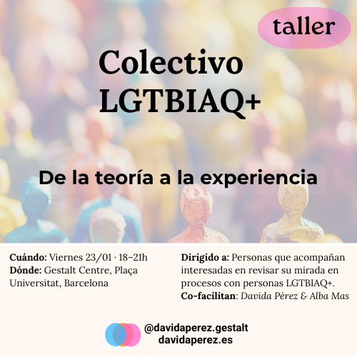 Cartel del taller monográfico para profesionales Colectivo LGTBIAQ+ De la teoría a la experiencia el 23 de enero en Barcelona