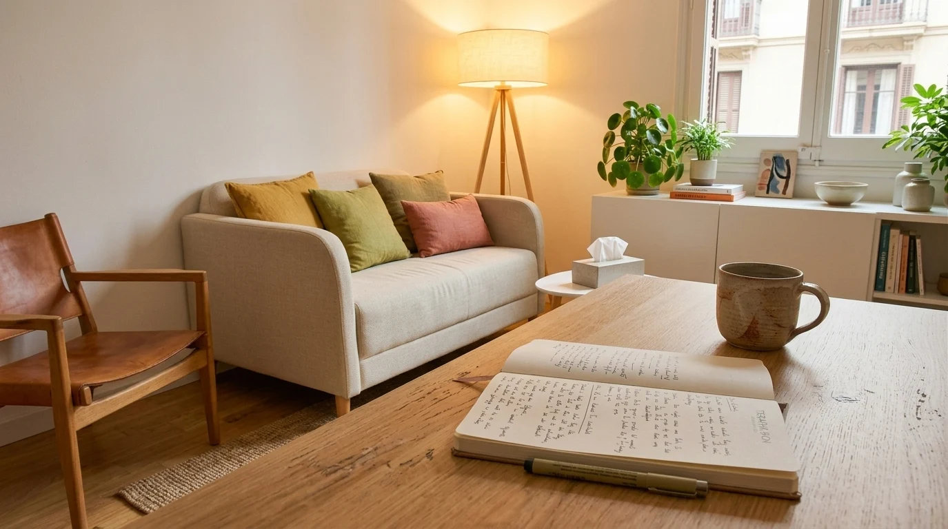 Espacio de acompañamiento individual en Barcelona centro con sofá beige, cojines en tonos cálidos y luz natural para hombres GBTIAQ+.
