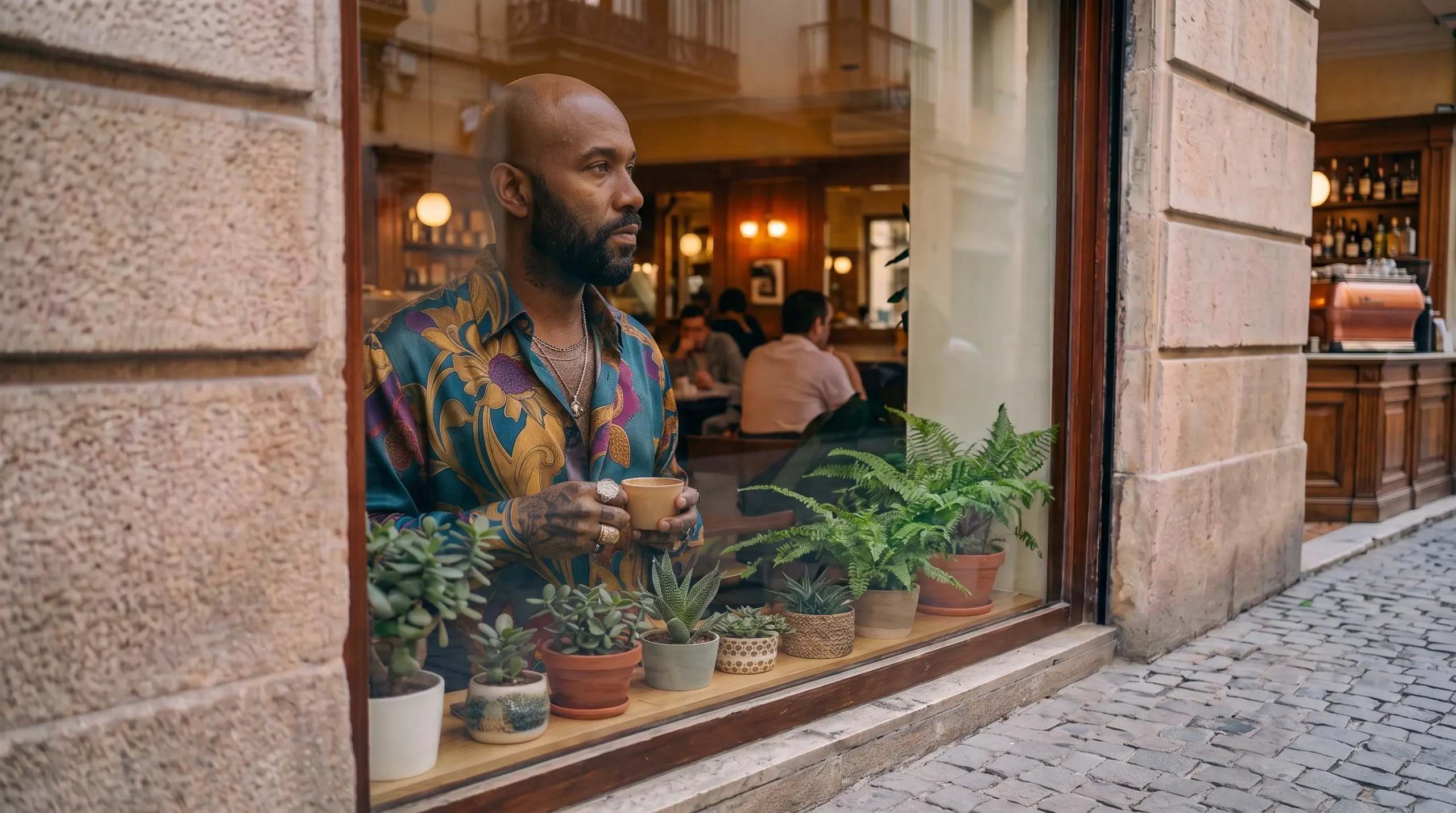 Hombre con tatuajes en las manos sosteniendo una taza a solas en un sillón, representando la autosuficiencia y la dificultad para pedir ayuda.