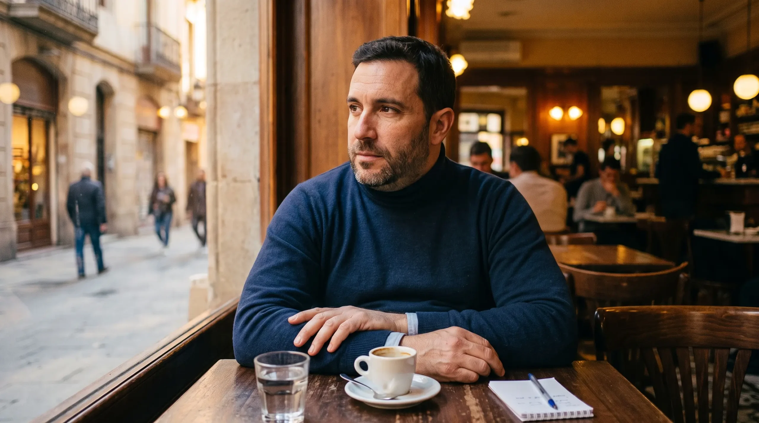 Hombre en actitud reflexiva en una cafetería de Barcelona evaluando el entorno antes de mostrarse.