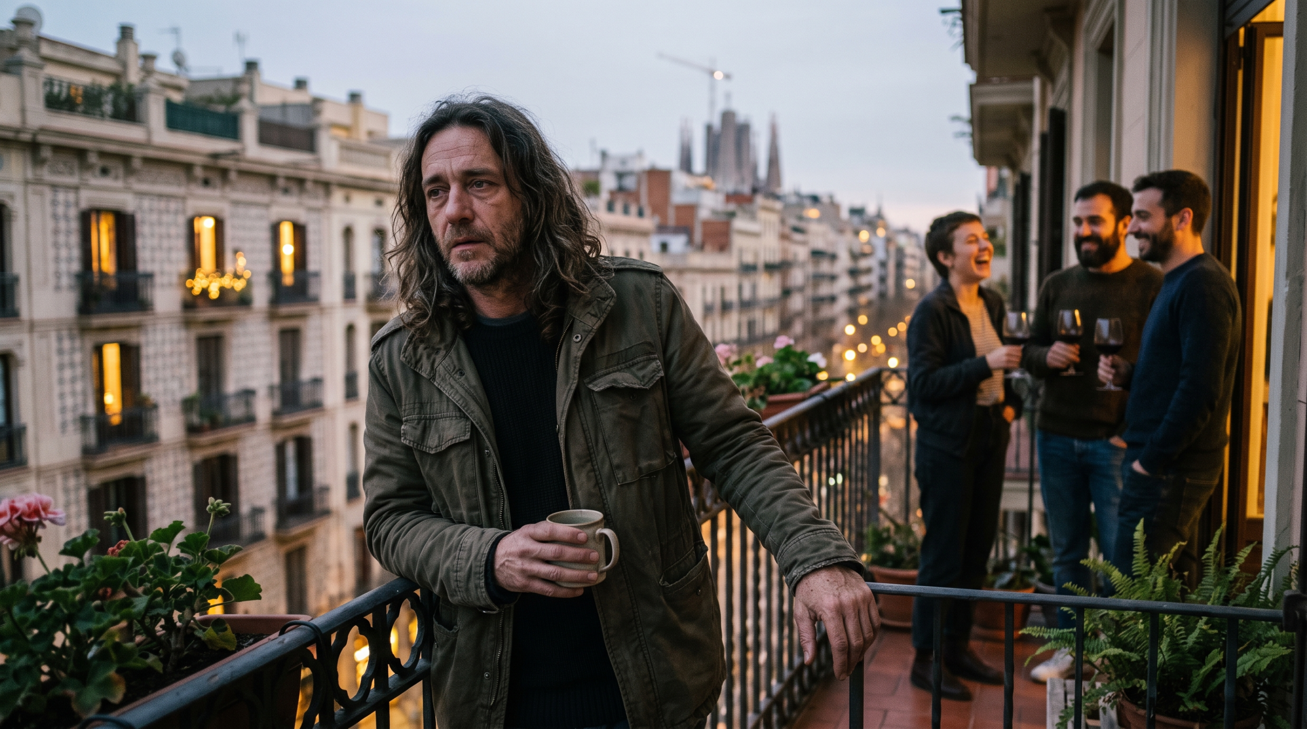 Hombre de 45 años con pelo largo en un balcón del Eixample de Barcelona mirando hacia otro lado con expresión pensativa mientras sus amigos conversan desenfocados al fondo.