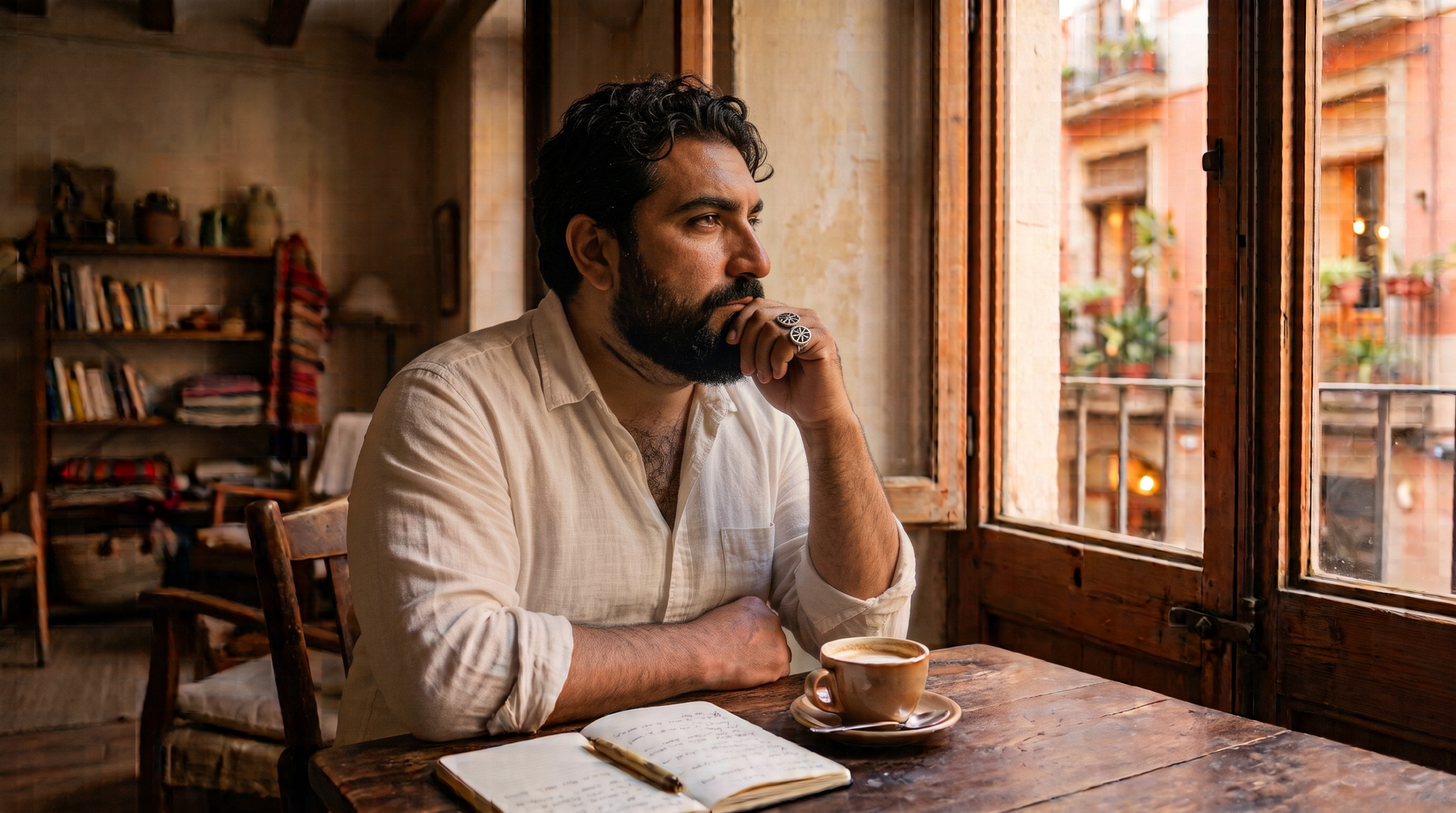 Hombre de 40 años reflexionando tranquilamente en casa sobre nuevos espacios de encuentro para hombres gais más allá de la fiesta.