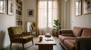 Sillón de madera y taza de café en la consulta de acompañamiento Gestalt de Davida Pérez en el Eixample de Barcelona.