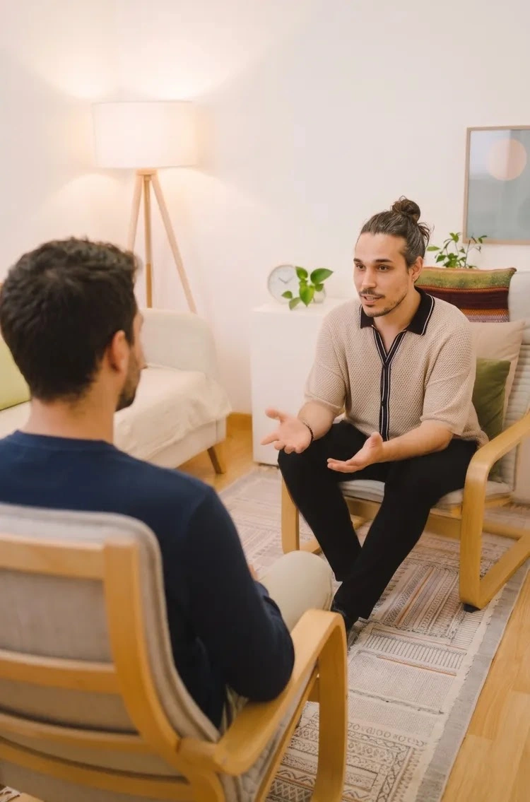 David Pérez, terapeuta Gestalt en Barcelona, en una sesión presencial con un cliente en su consulta.