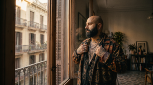 Hombre GBTIAQ+ reflexivo junto a la ventana de un piso en l'Eixample de Barcelona sobre los mandatos de masculinidad.