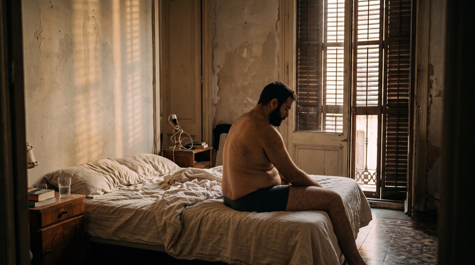 Hombre sentado en el borde de una cama en una habitación cálida de Barcelona, reflexionando sobre la sexualidad y el rendimiento.